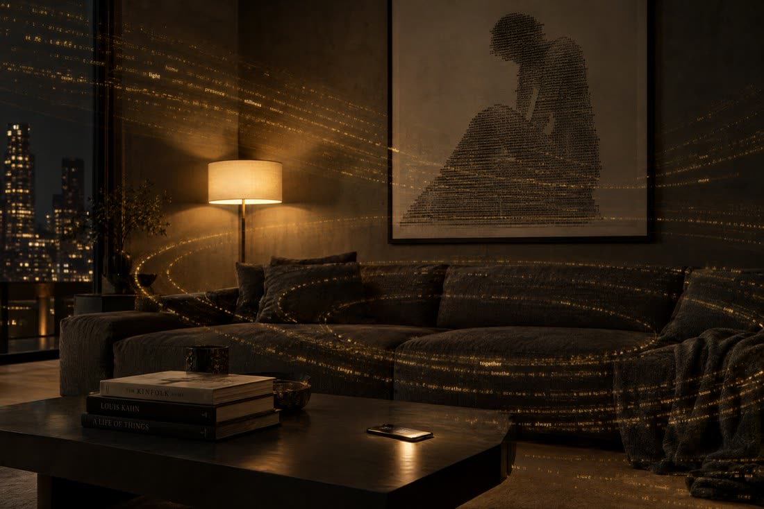 A warm living room with an affirmation artwork on the wall