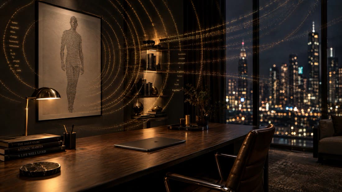 A calm home office with an affirmation artwork on the wall